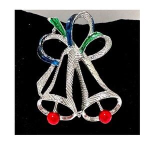 VTG Christmas Bells Brooch Holiday Pin Red Bead Silver Tone Festive Jewelry
